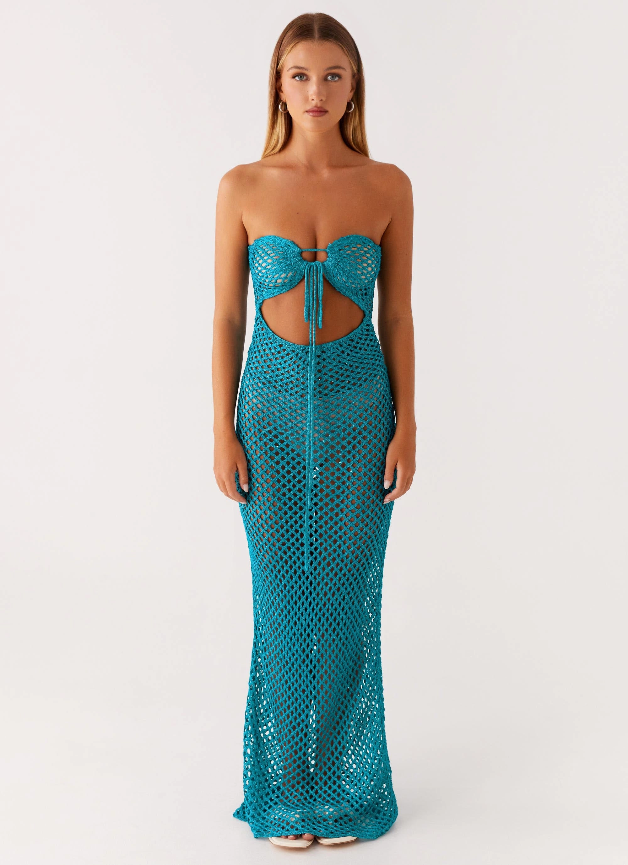 Sun Kissed Crochet Maxi Dress - Blue Formal Outfit Sophisticated Edge