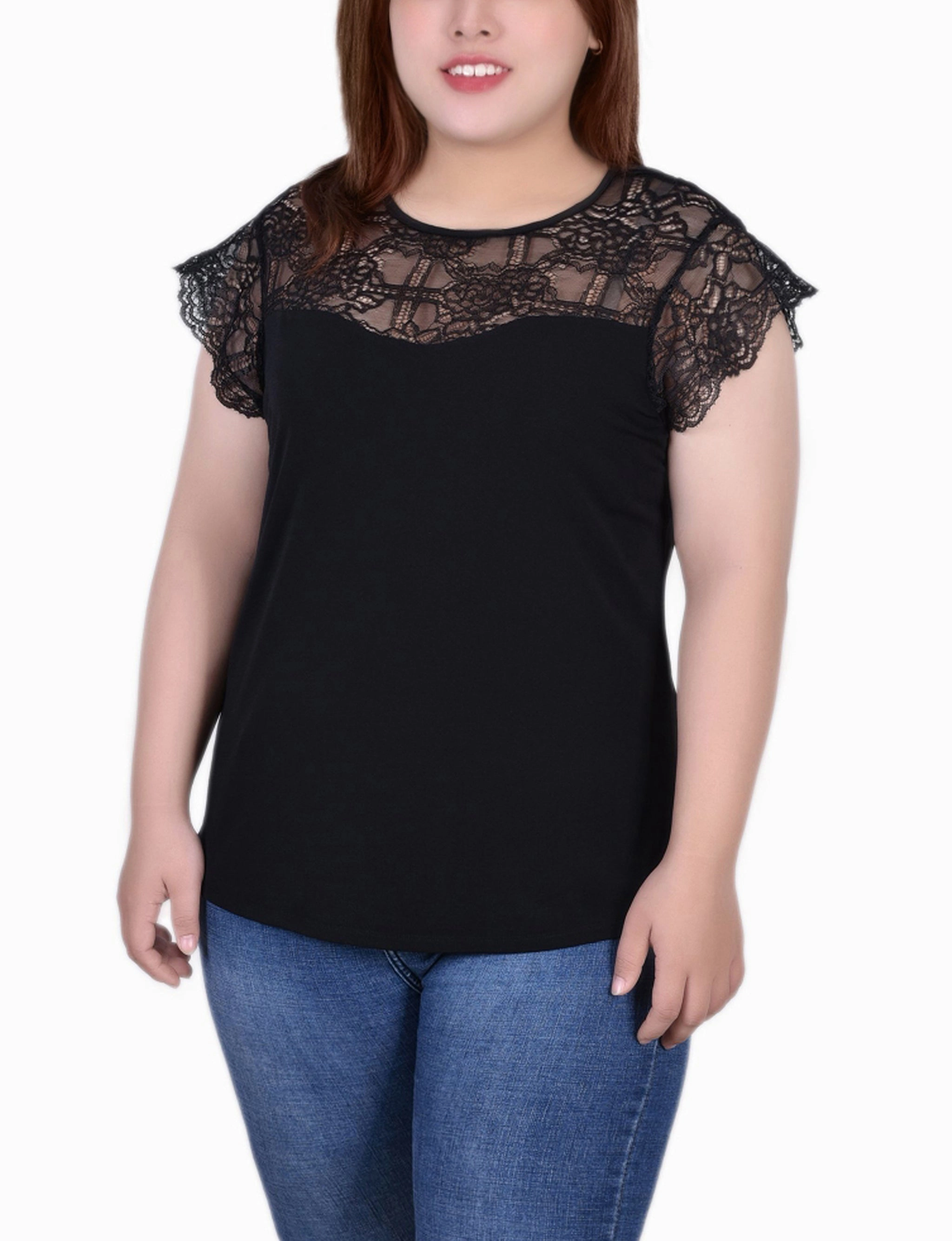 Plus Size Crepe Knit Top With Lace Flanged Sleeve and Yoke Chill Style Clean Comfort