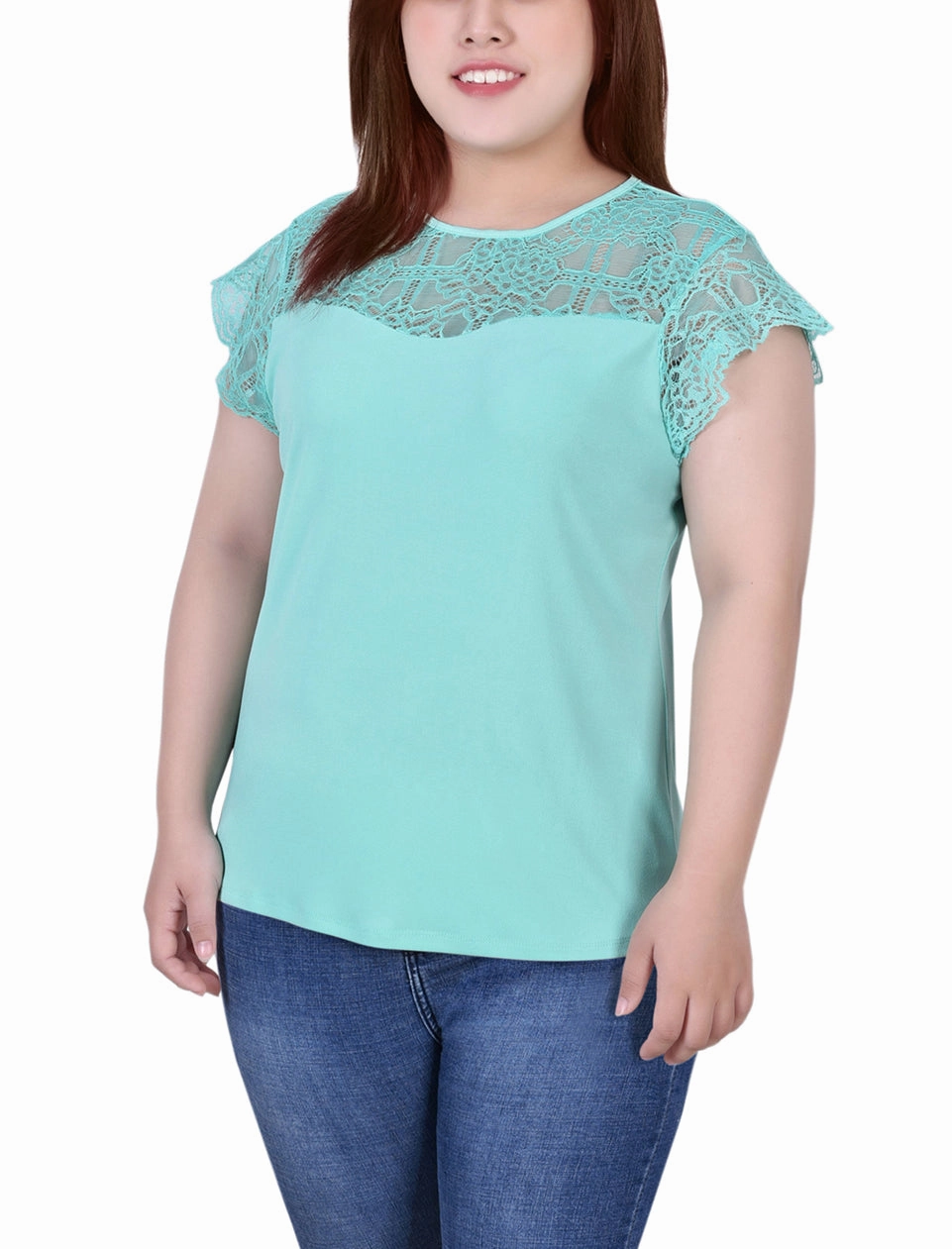 TearResistantFabric Plus Size Crepe Knit Top With Lace Flanged Sleeve and Yoke