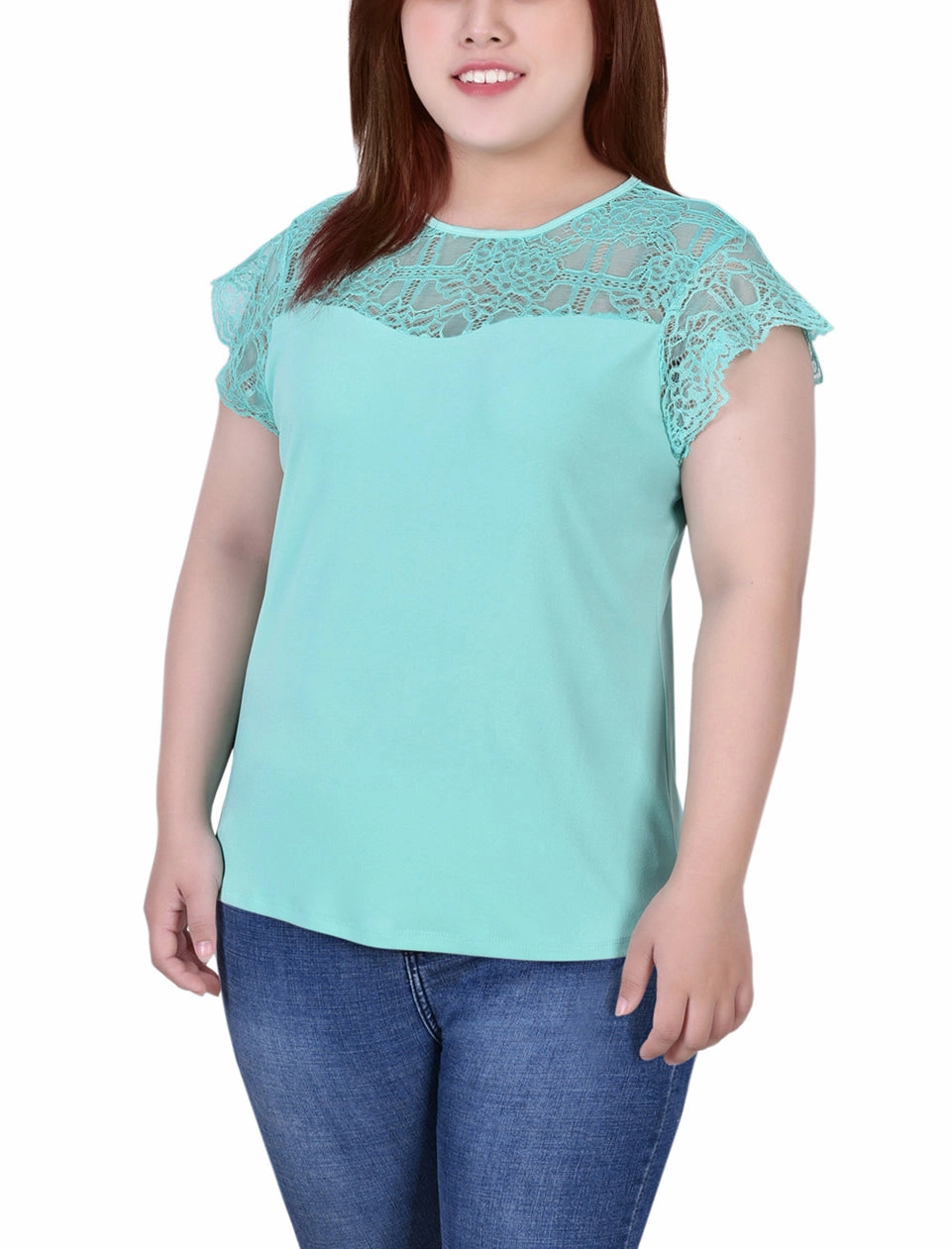 Classic Cut Plus Size Crepe Knit Top With Lace Flanged Sleeve and Yoke