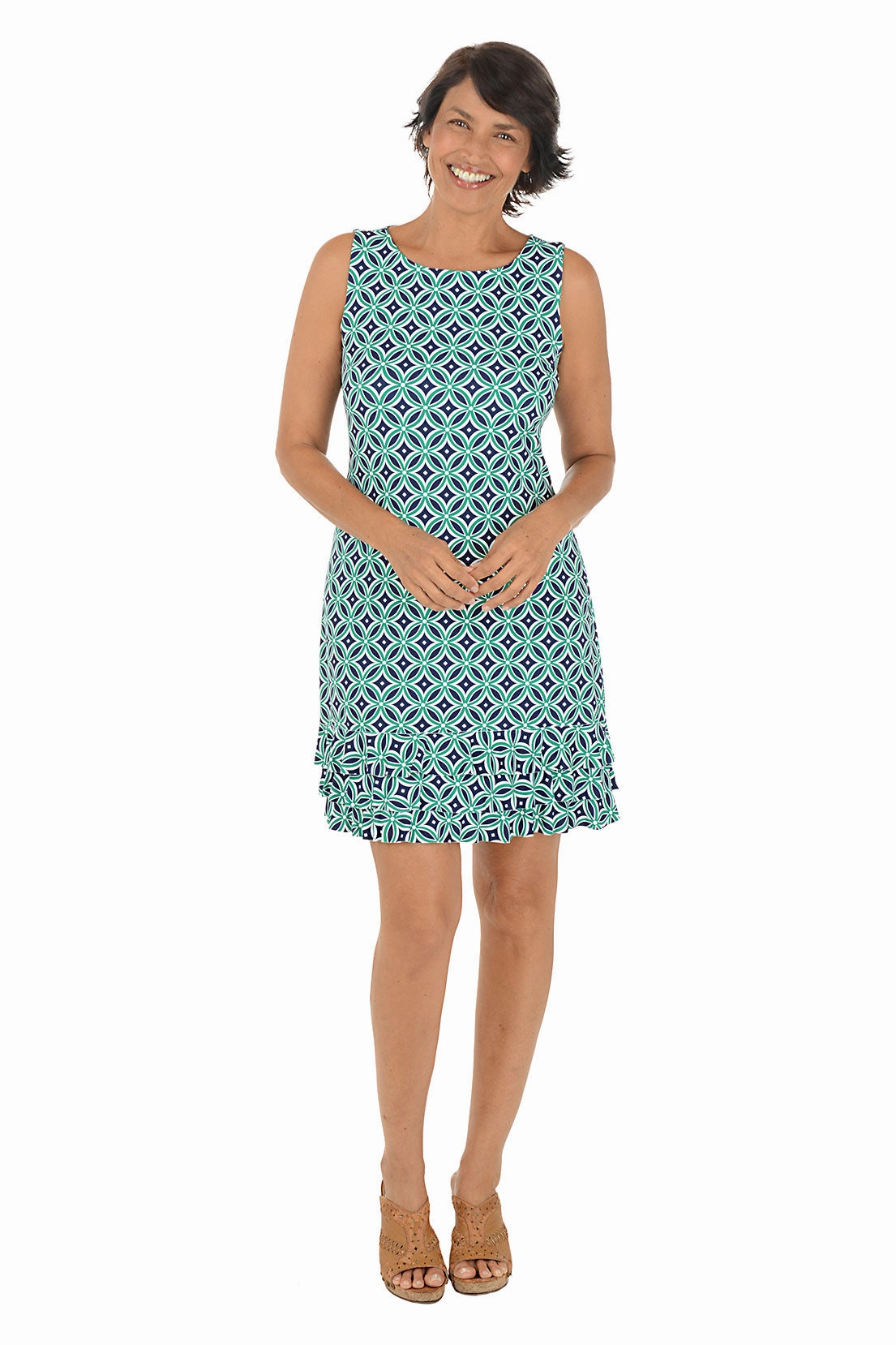 Daily Go Side-Zip Green Compass Rose UPF50  Sleeveless Ruffled Dress