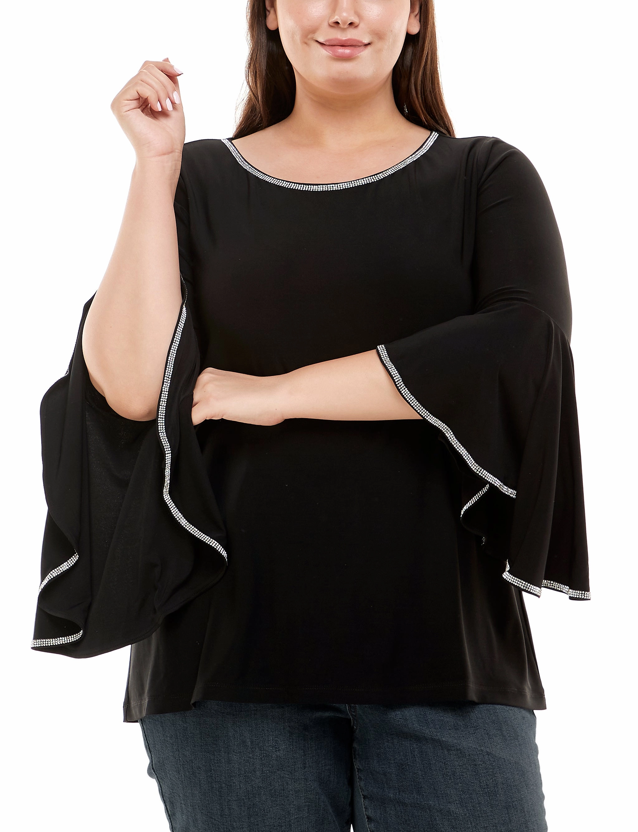 Classic Grace Plus Size Long Bell Sleeve Top With Stone Details