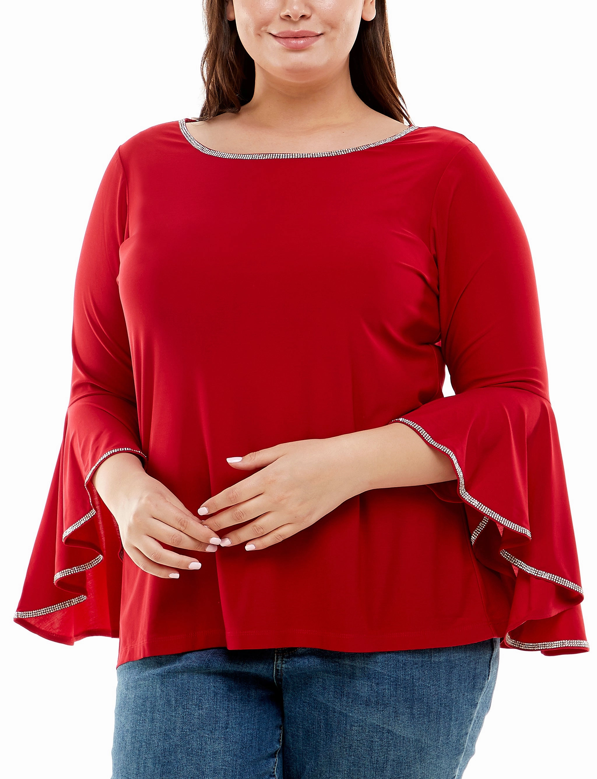 Plus Size Long Bell Sleeve Top With Stone Details Everyday Comfort