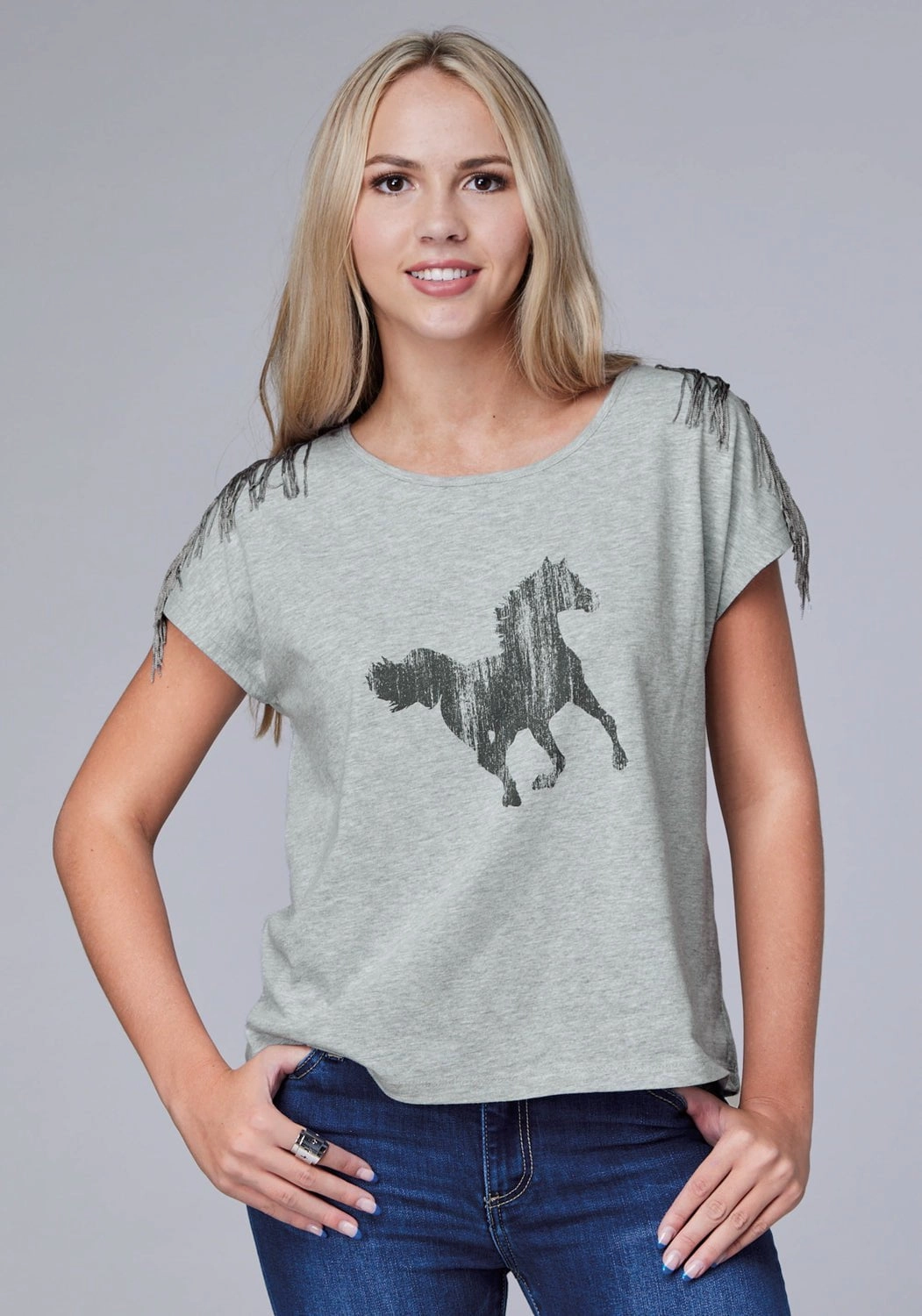 Roper Womens Black Mustang Grey Cotton Blend S/S T-Shirt Flexible Movement