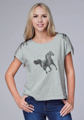 Contrast Stitch Roper Womens Black Mustang Grey Cotton Blend S/S T-Shirt