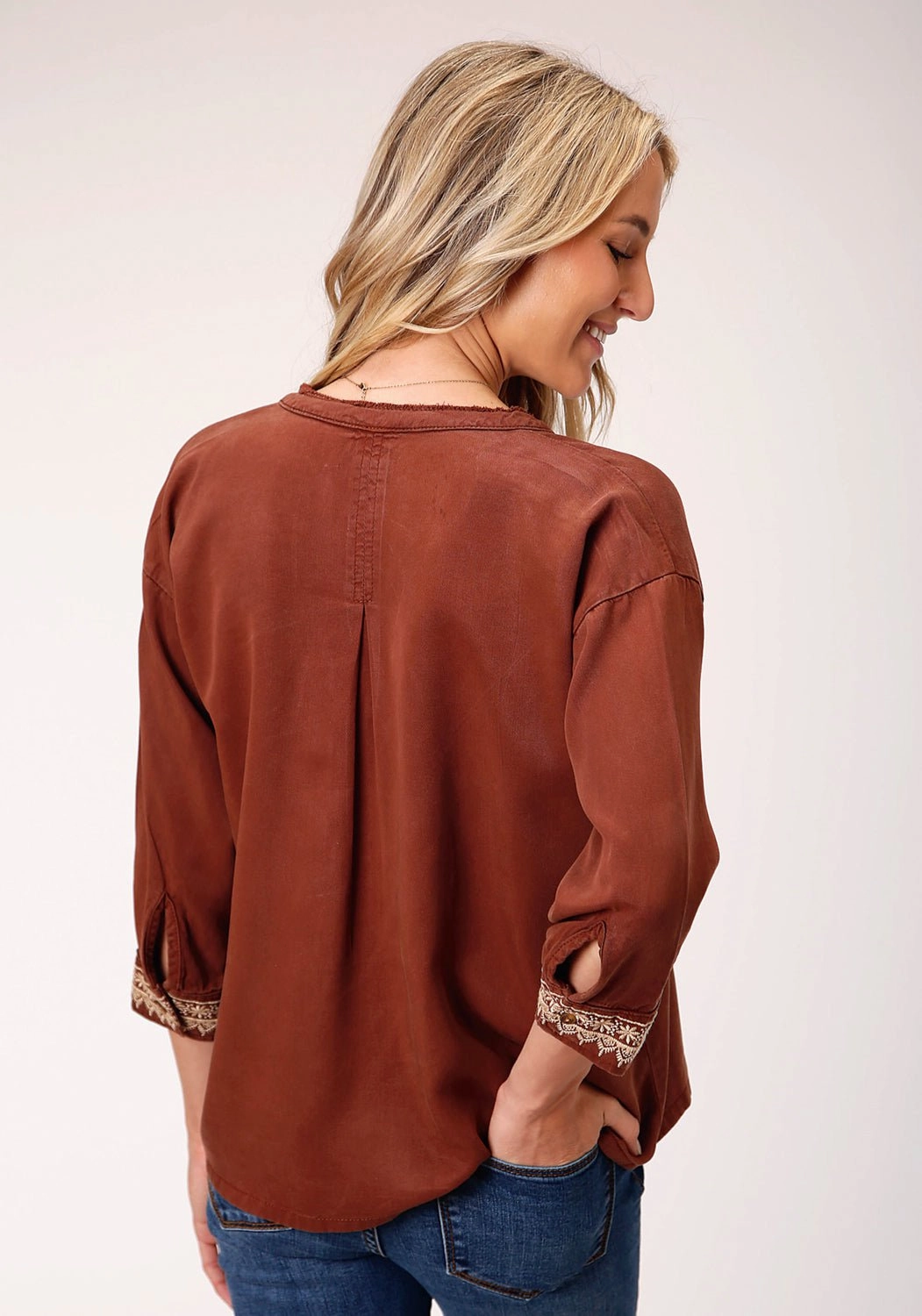 Stetson Womens Tobacco Denim Peasant 3/4 Sleeve Blouse Weekend Outfit Matte Finish