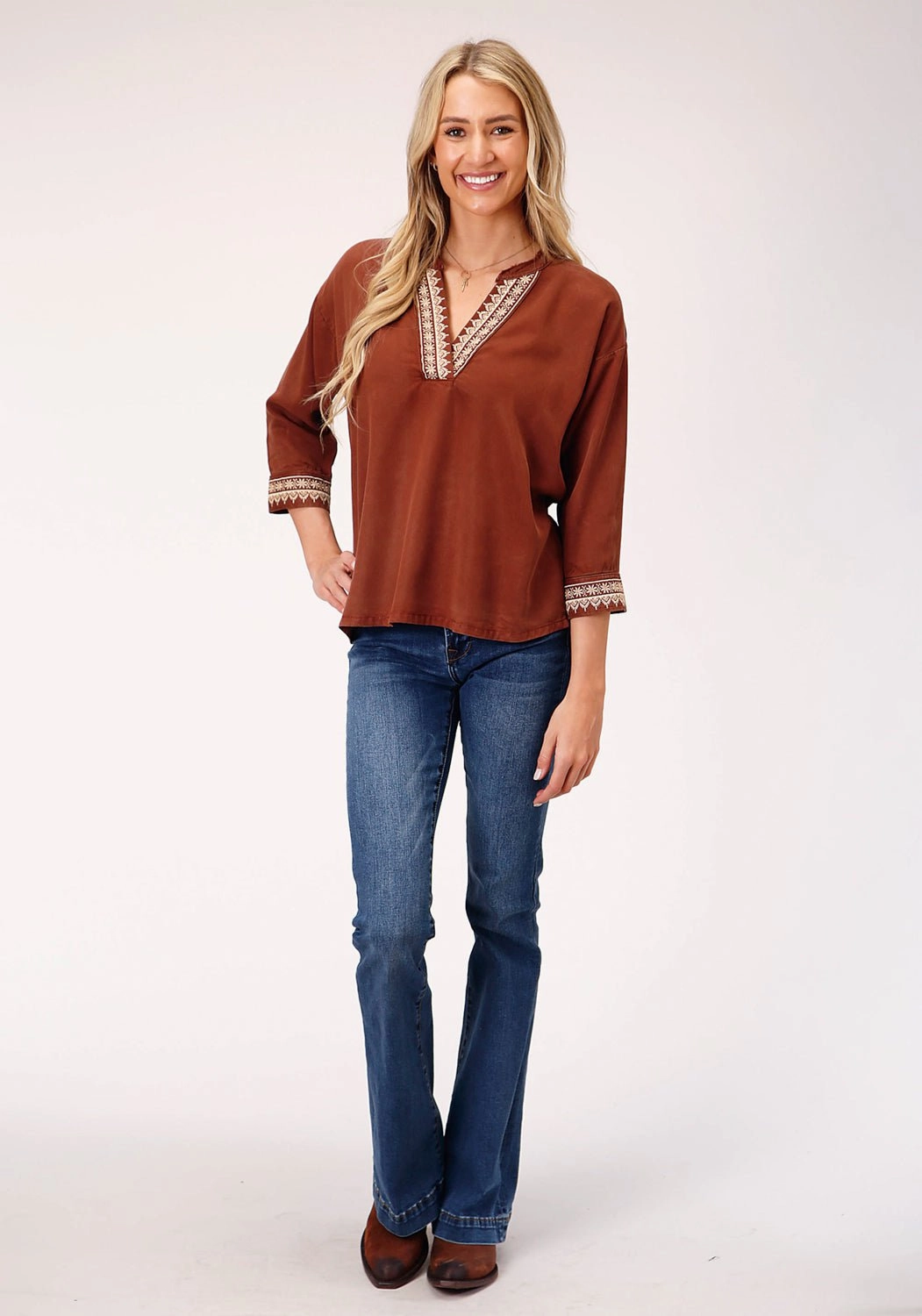 Eco Friendly Production Stetson Womens Tobacco Denim Peasant 3/4 Sleeve Blouse