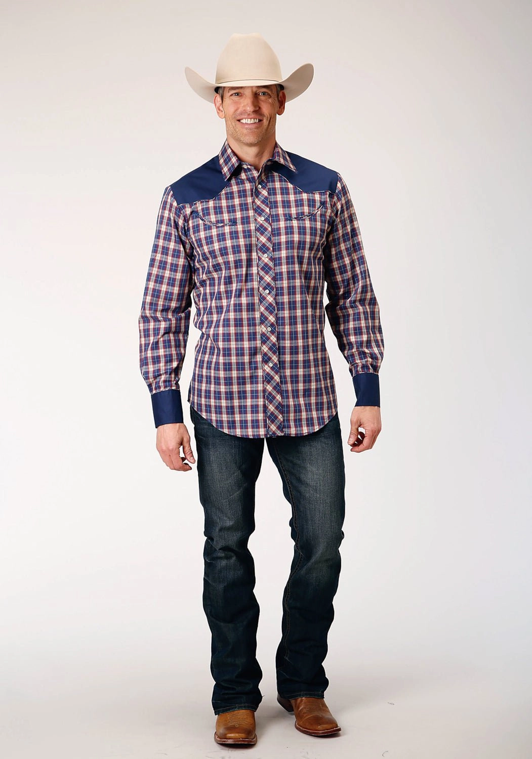 Eco friendly materials Roper Mens Cream Plaid Blue Cotton Blend L/S Shirt
