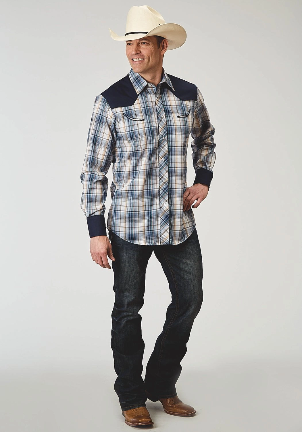 Monochrome Palette Roper Mens Madris Plaid Blue Cotton Blend L/S Shirt