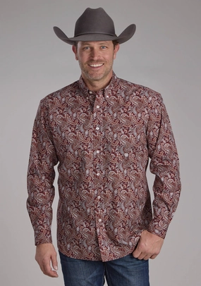Roper Mens 2242 Sangria Paisley Wine 100% Cotton 1 Pkt L/S Shirt Graduation Attire Seamless Shoulder Construction