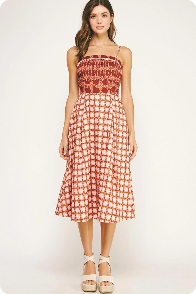 Sydney Smocked Chain Print Midi Dress Shirred-Detail Nature Bloom