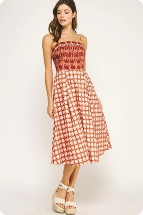 Easy Draping Sophisticated Comfort Sydney Smocked Chain Print Midi Dress