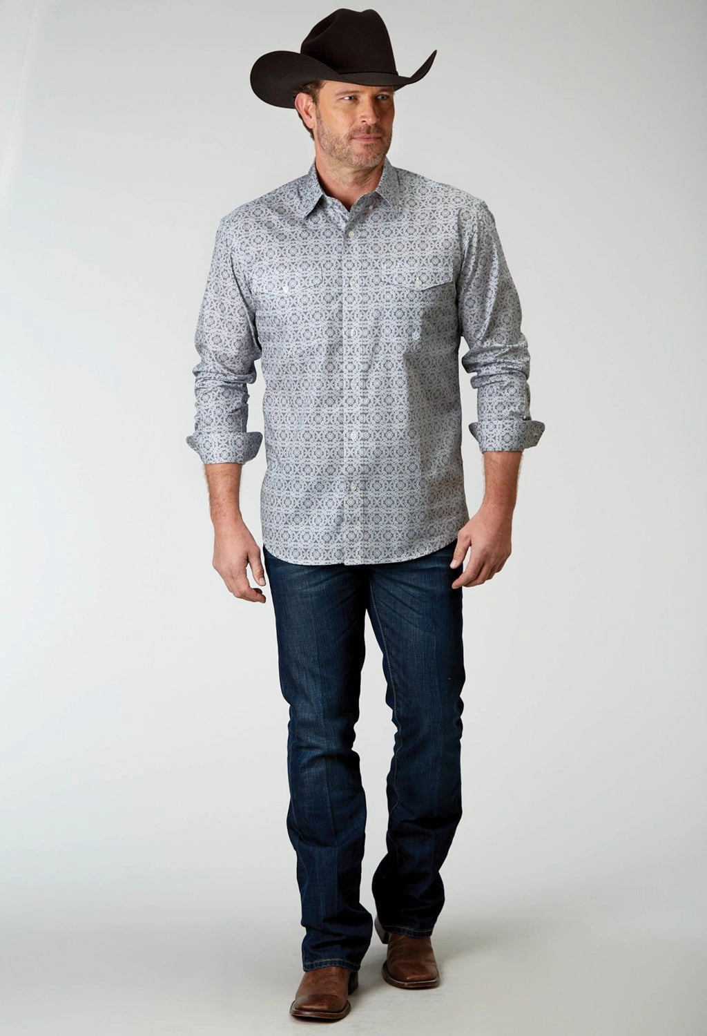 Roper Mens 1934 Silver Medallion Grey 100% Cotton Btn L/S Shirt Pre Shrunk Cotton Blend Corporate Retreat