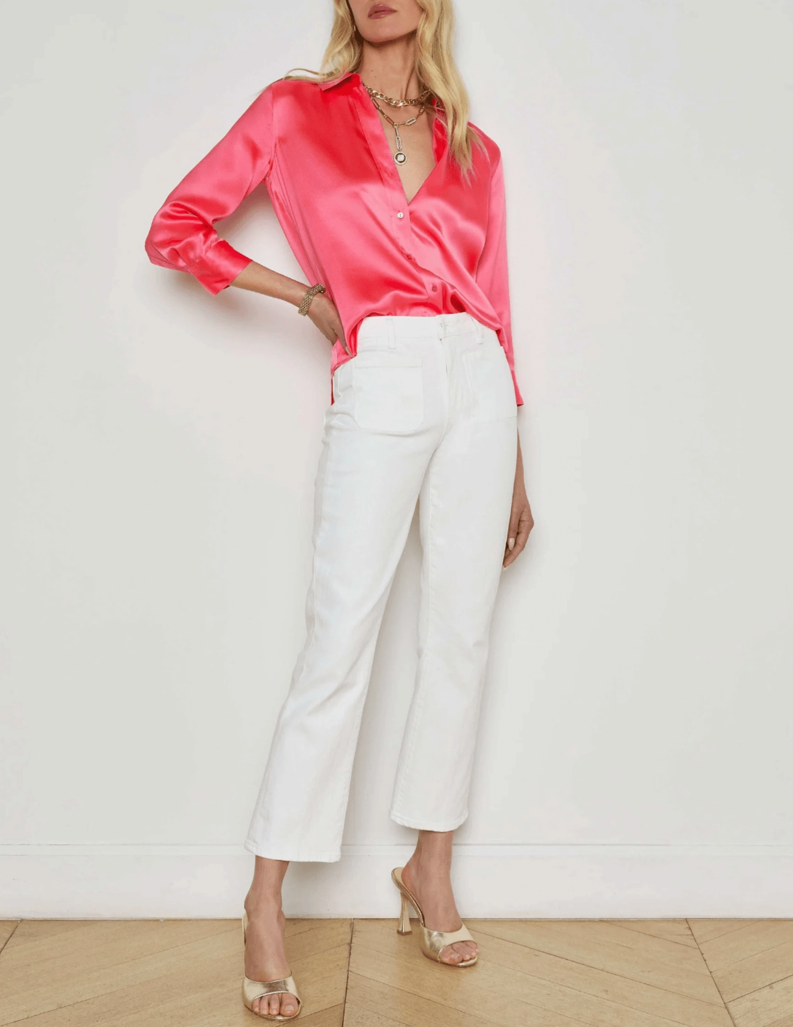 Morning Stroll Stretch Gym Ready Vibrant Bold LAGENCE Noya Cropped Slim Flare Jeans in Blanc