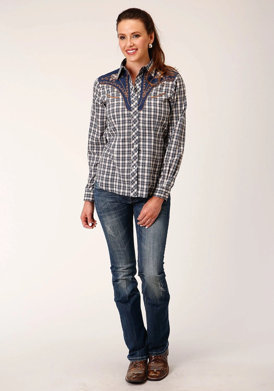 Roper Womens Small Scale Plaid Blue Cotton Blend L/S Shirt Contrast Stitch Mix-And-Match