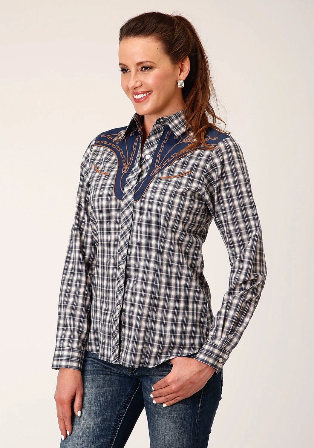 Roper Womens Small Scale Plaid Blue Cotton Blend L/S Shirt Modern Style slim cut