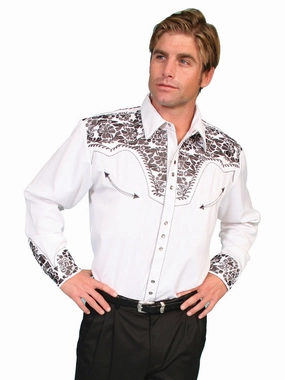 Scully Mens Pewter Poly/Rayon Tooled Floral L/S Shirt Smooth Stitch Pattern Water Repellent Finish