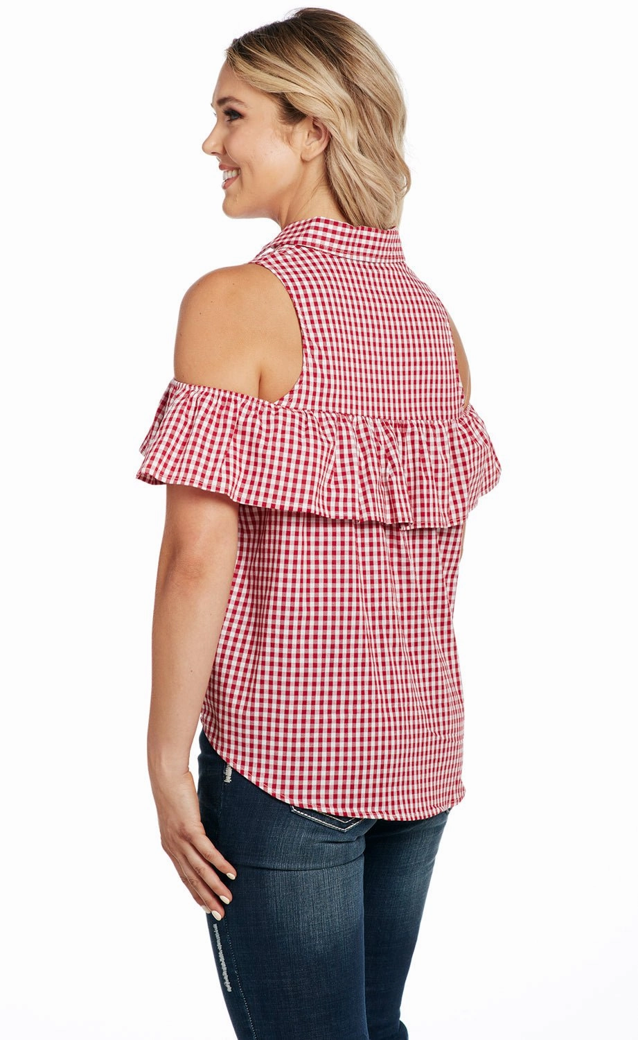 Business Meeting Cowgirl Up Womens Red/White 100% Cotton Gingham Flounce Tank Top S/L