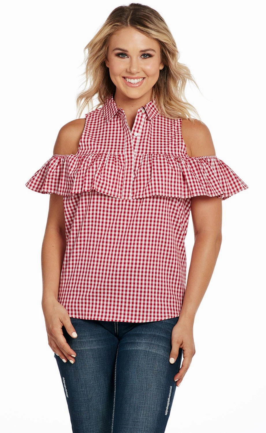 Cowgirl Up Womens Red/White 100% Cotton Gingham Flounce Tank Top S/L Lightweight Feel Layered Look