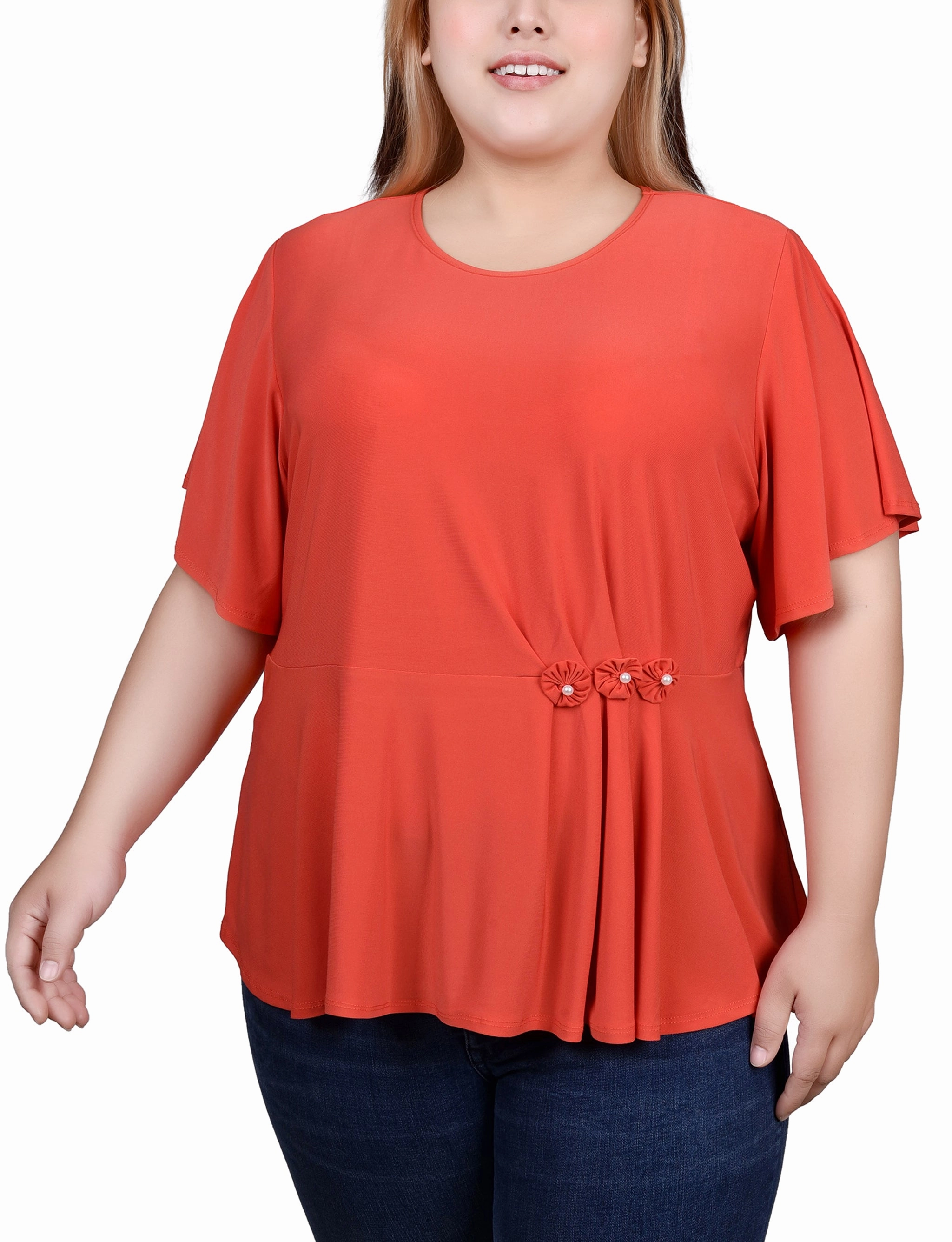 Basic Fashion Plus Size Flutter Sleeve Flower-Detail Top