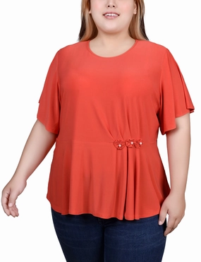 Basic Fashion Plus Size Flutter Sleeve Flower-Detail Top