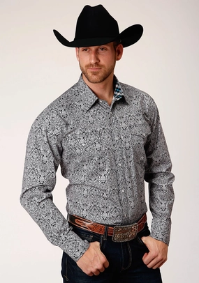 Roper Mens Black 100% Cotton Medallion Paisley L/S Tall Shirt Easy Care Material Neutral Colors