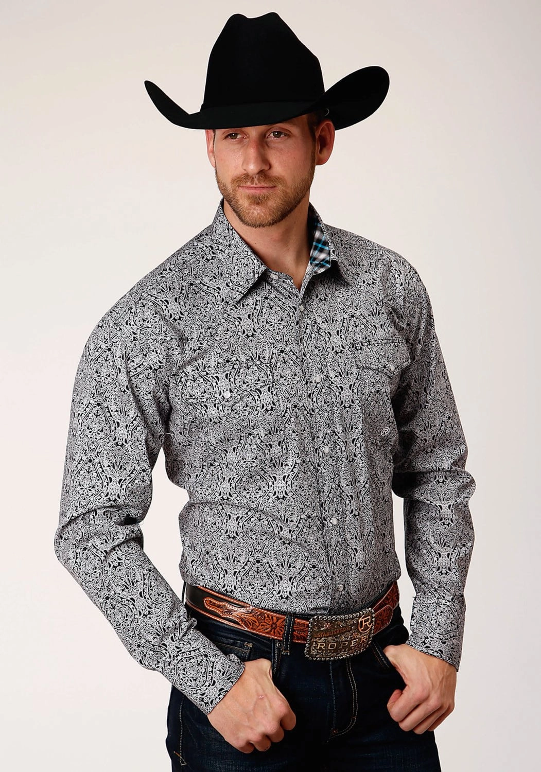 Roper Mens Black 100% Cotton Medallion Paisley L/S Tall Shirt Easy Care Material Neutral Colors