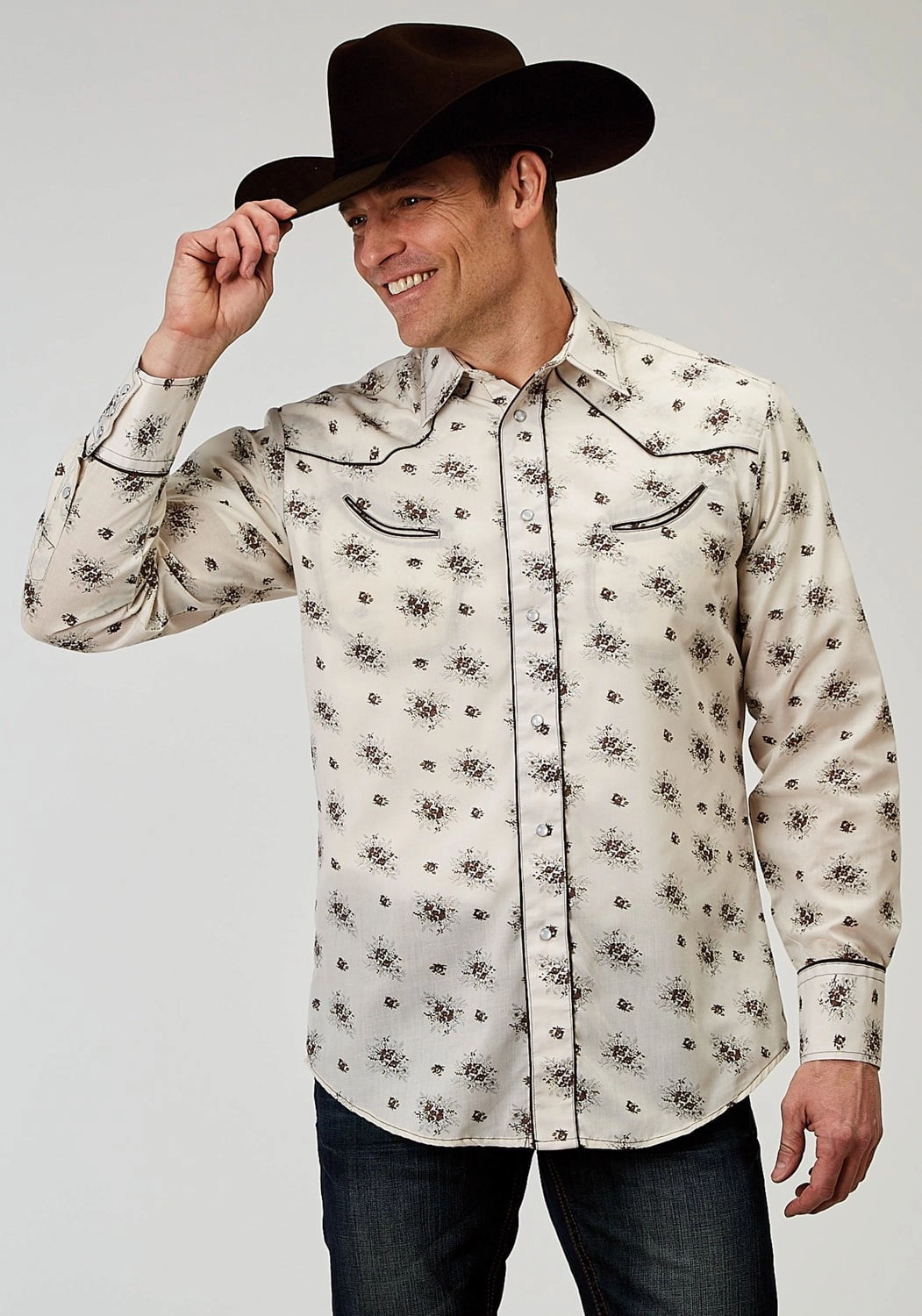 Summer Vibes Roper Mens Vintage Floral Fancy Cream Cotton Blend L/S Shirt
