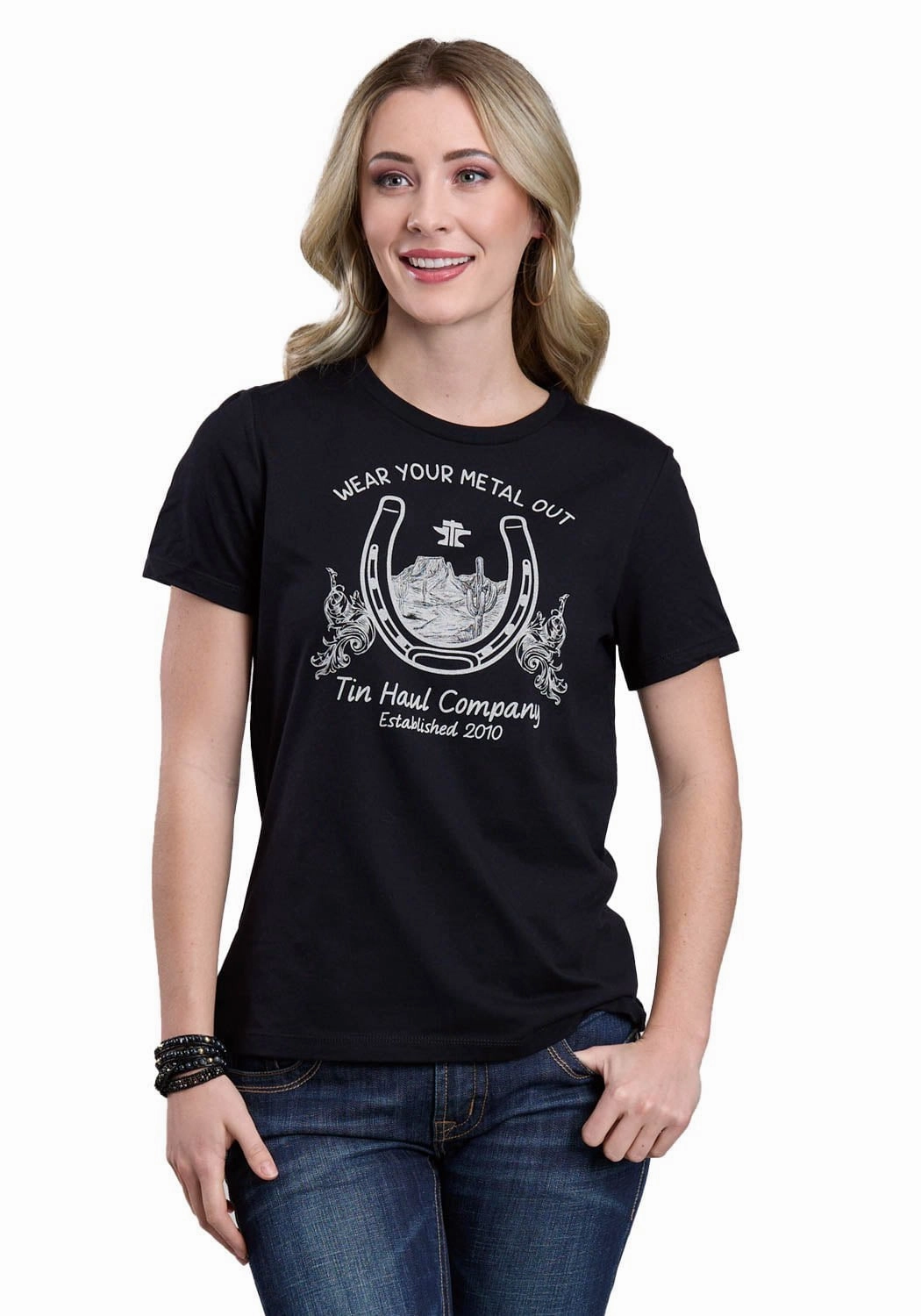 Tin Haul Womens Horseshoe With Scenery Black Cotton Blend S/S T-Shirt Stretchable Fabric