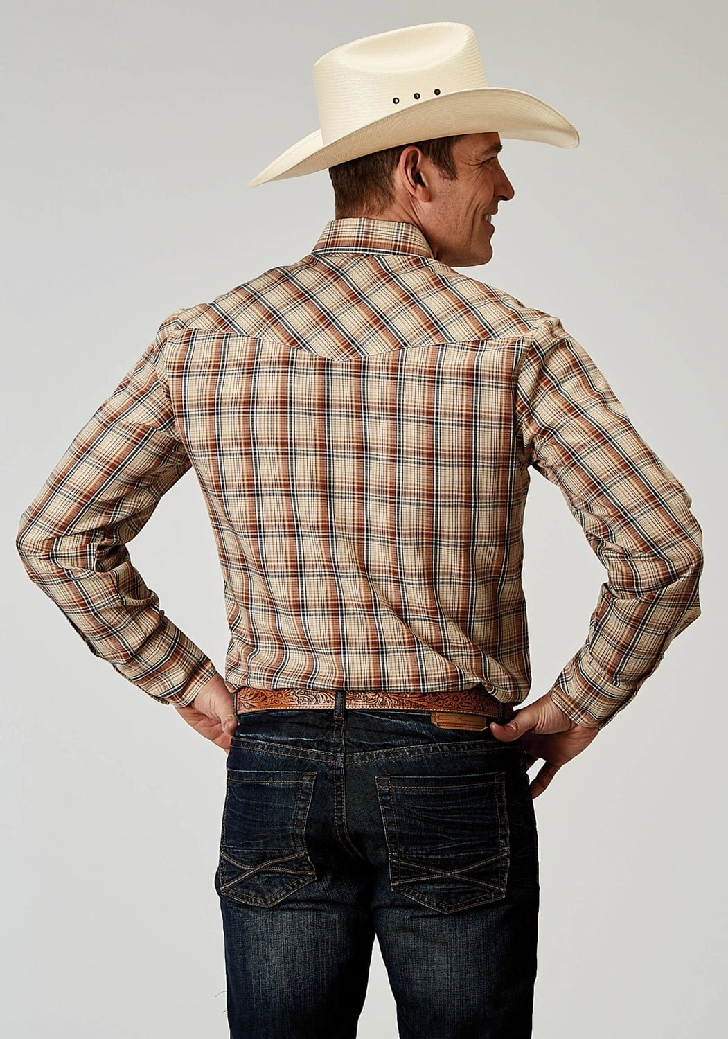 Roper Mens 1970 Plaid Brown Cotton Blend L/S Shirt handmade touch Dinner Date