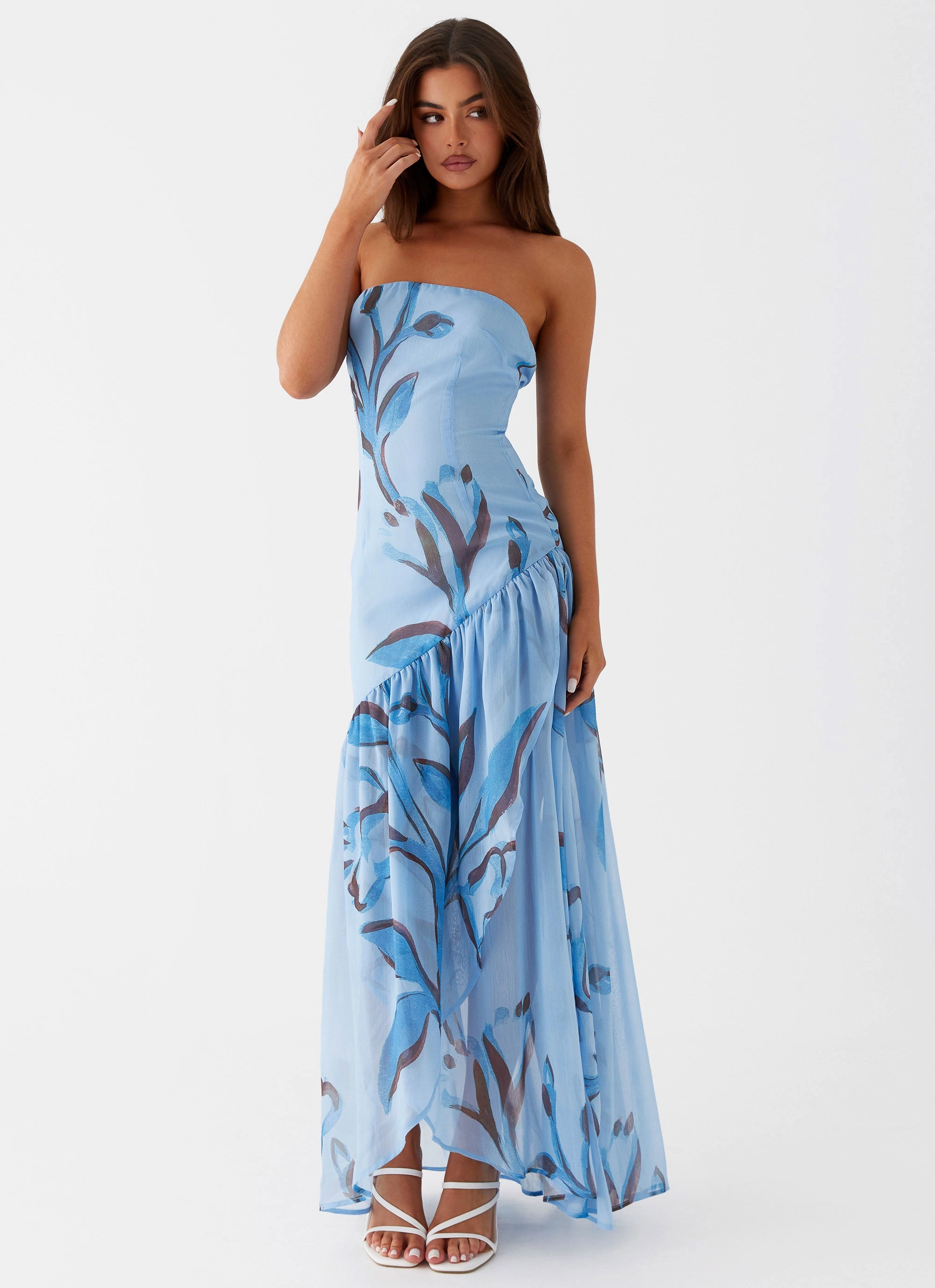 Solaris Strapless Maxi Dress - Blue Floral FlatlockSeam