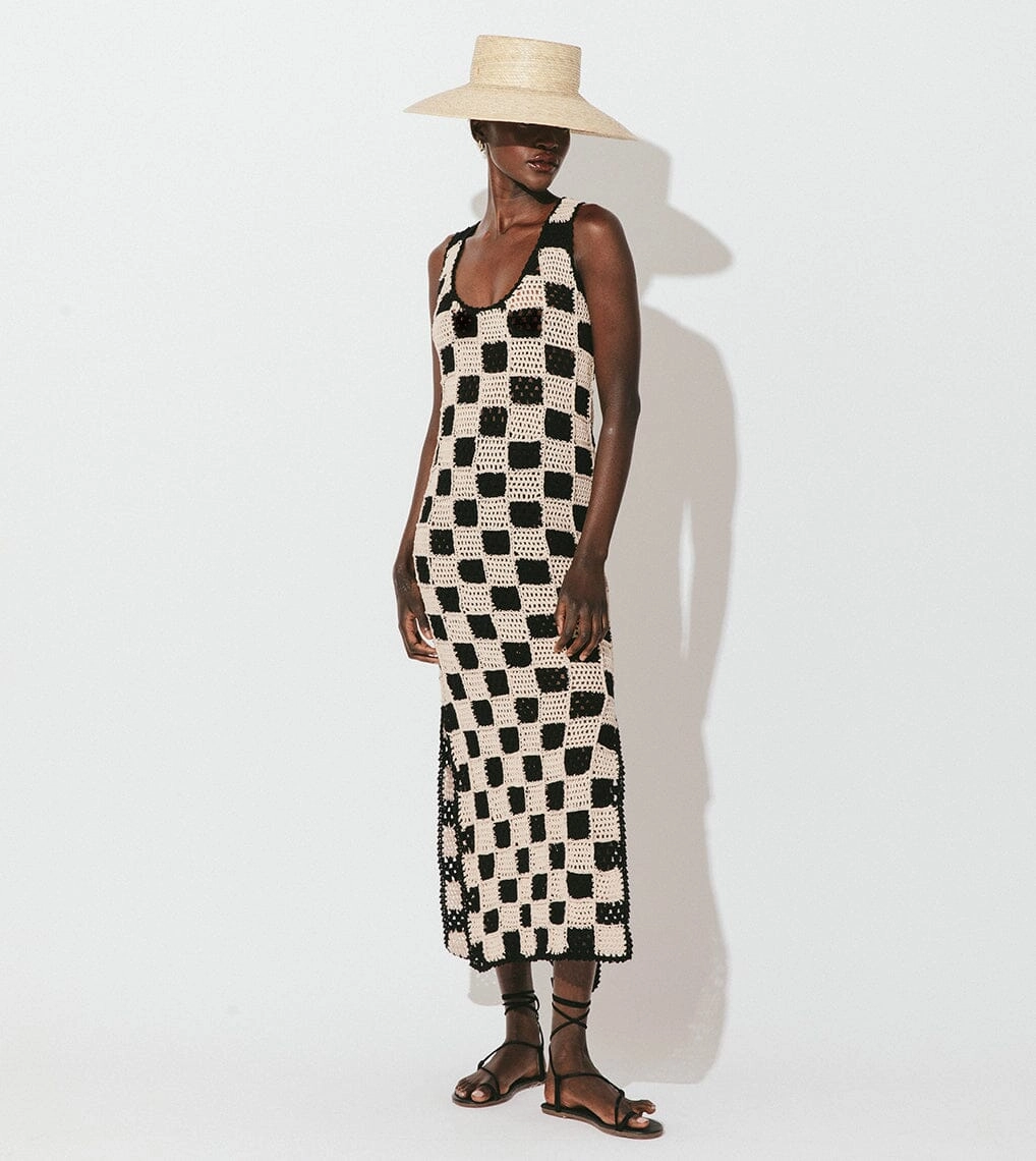 Danika Crochet Dress | Black/White Asymmetric-Neck Chic Layering