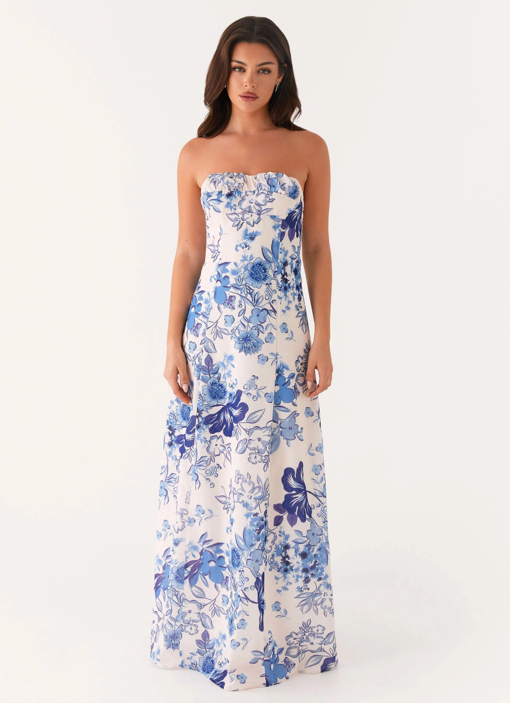 Tayla Linen Maxi Dress - Serene Sky Floral Light and Comfortable