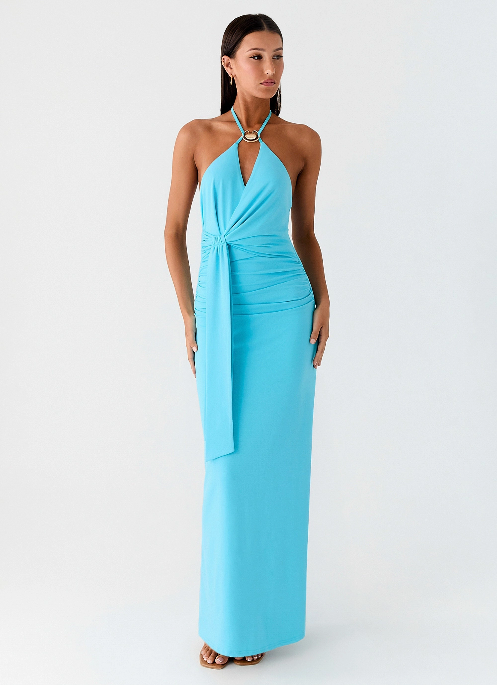 Vacation Vibe Smooth Flow Dare Me Halter Maxi Dress - Aqua Blue