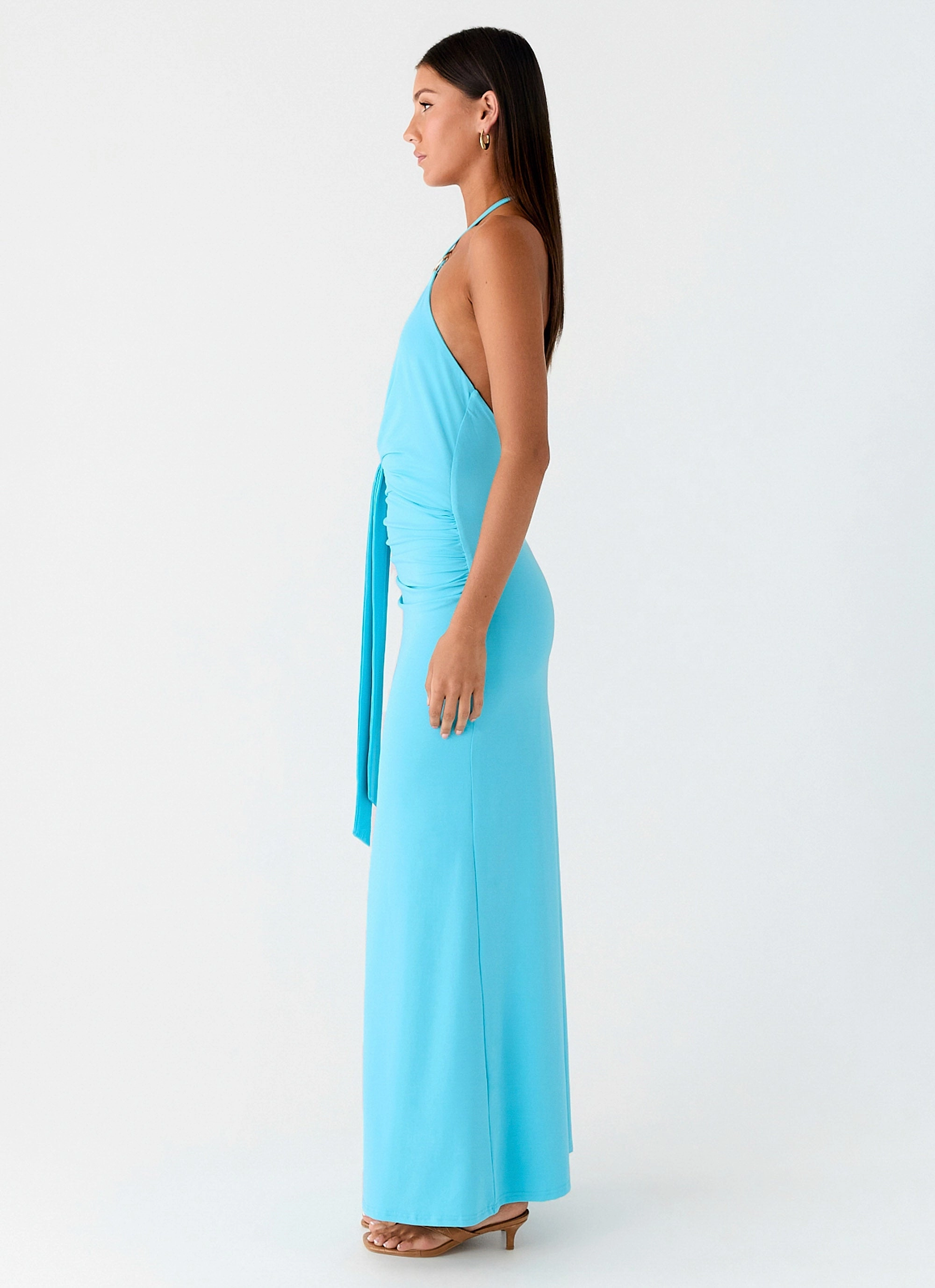 Effortless Fit Basic Fashion Dare Me Halter Maxi Dress - Aqua Blue
