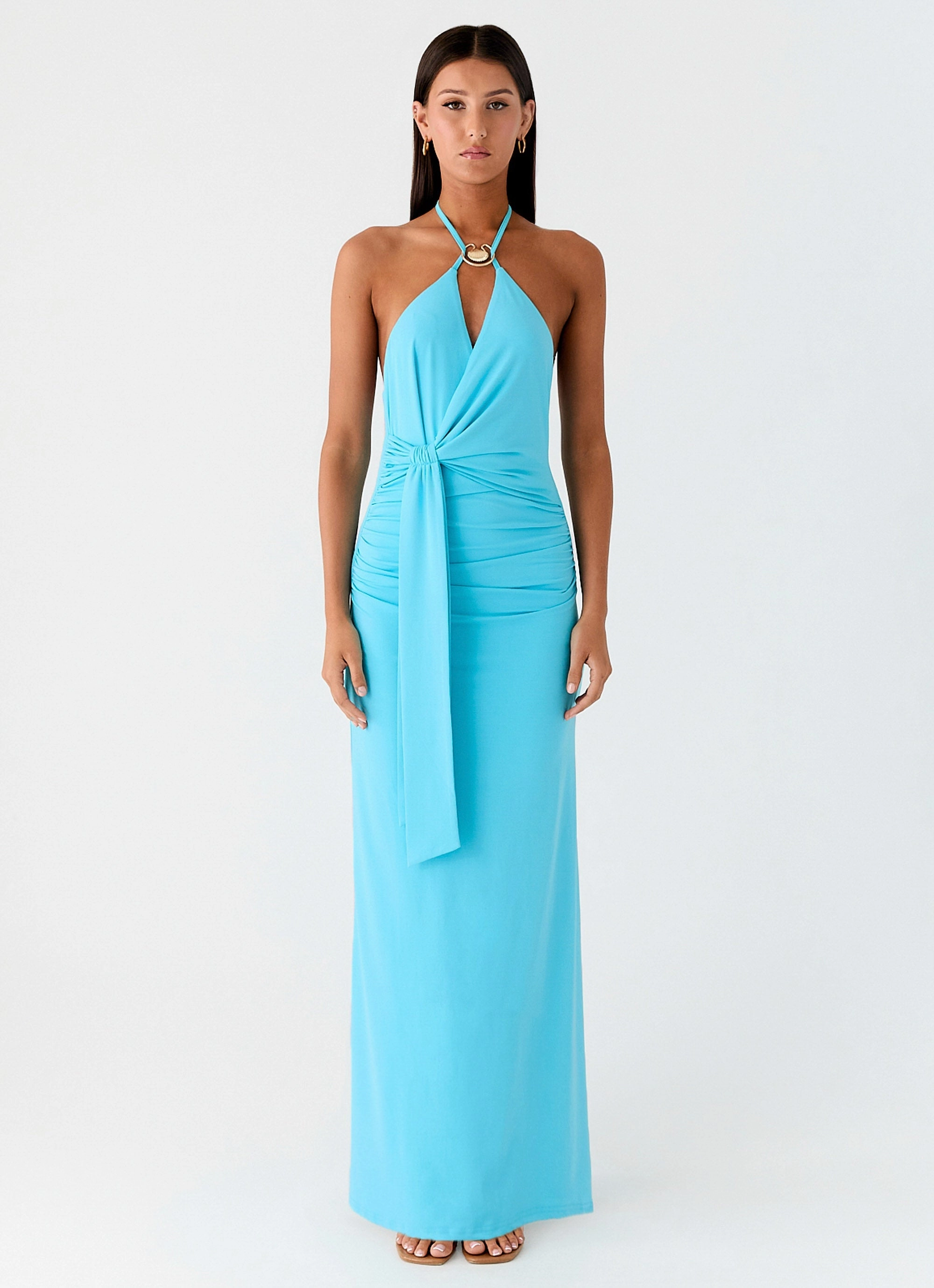 Special-Occasion Cozy Balance Dare Me Halter Maxi Dress - Aqua Blue