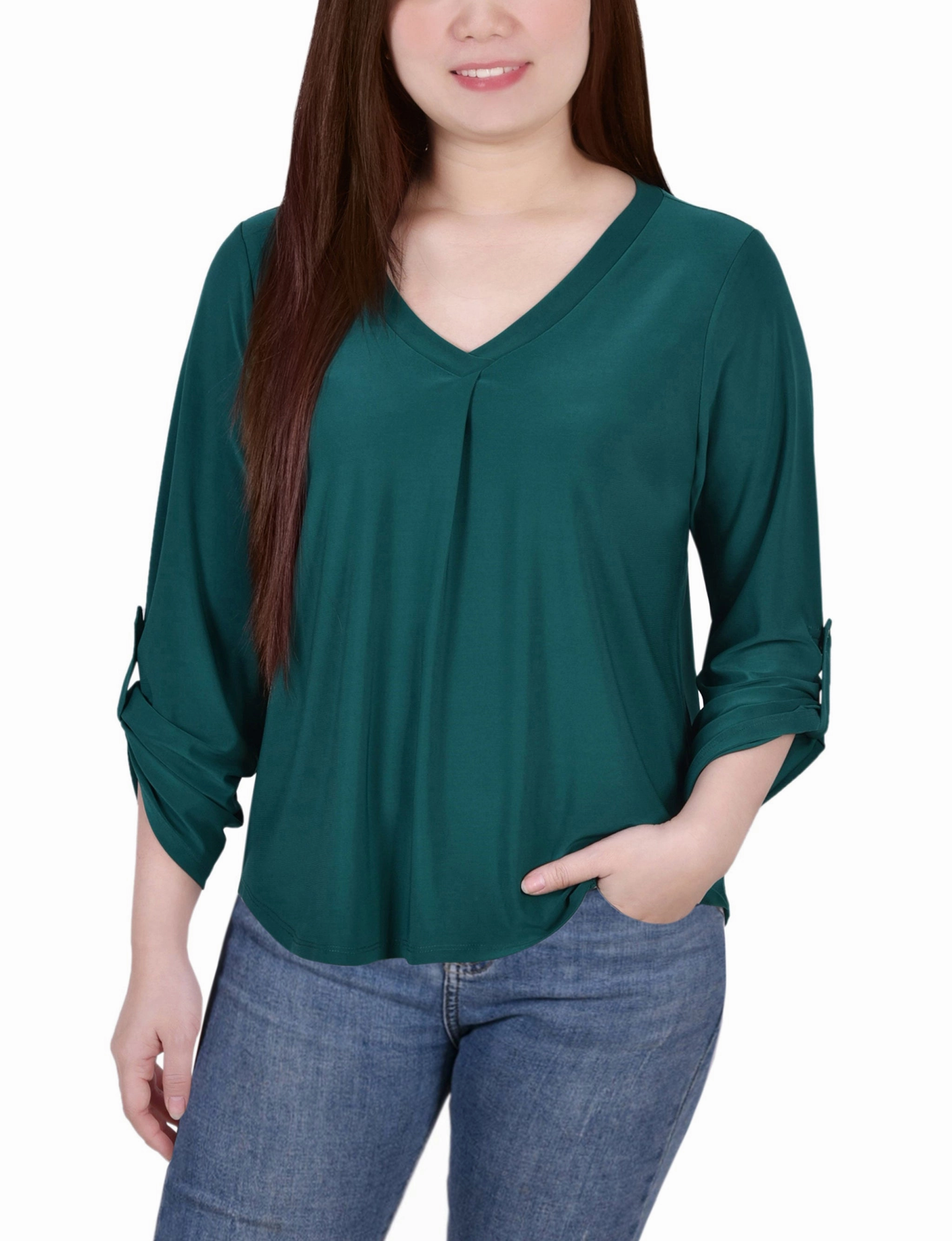 StretchWeave Fabric FineGauge Knit 3/4 Sleeve V Neck Top