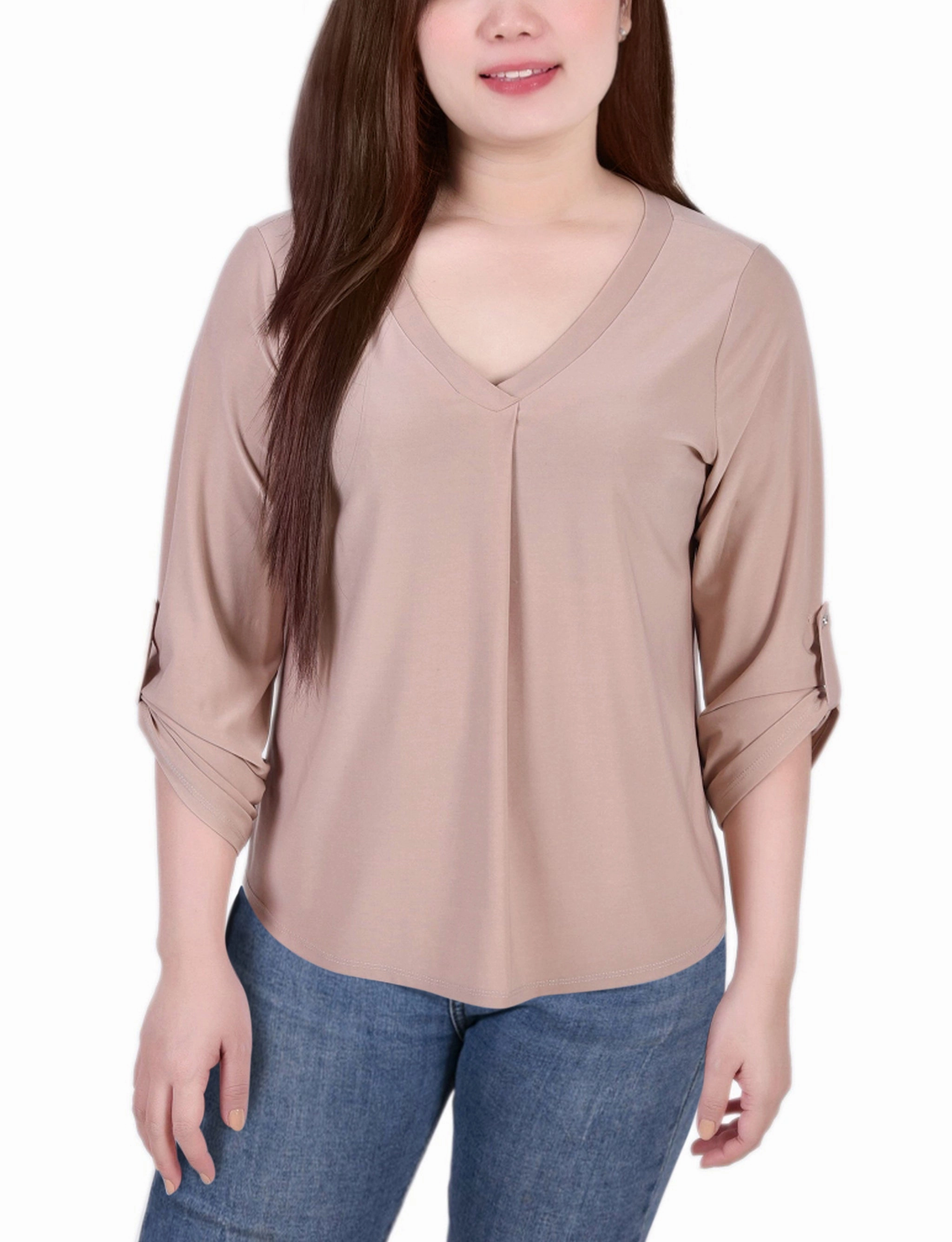3/4 Sleeve V Neck Top Reinforced Hems SheerWeight Knit