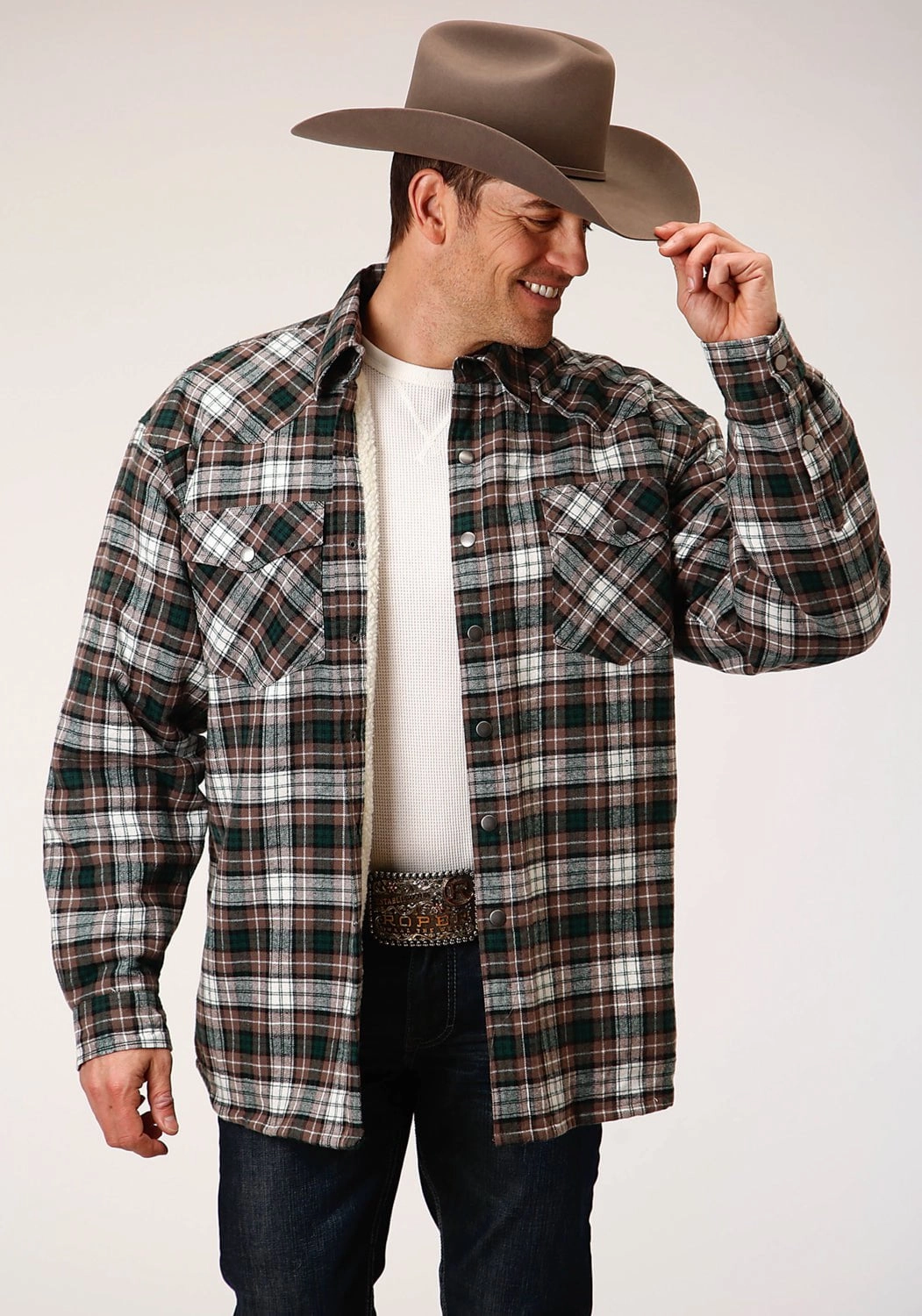 Casual Elegance Roper Mens Tan 100% Cotton Sherpa Flannel Plaid L/S Shirt