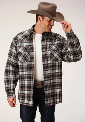Casual Elegance Roper Mens Tan 100% Cotton Sherpa Flannel Plaid L/S Shirt