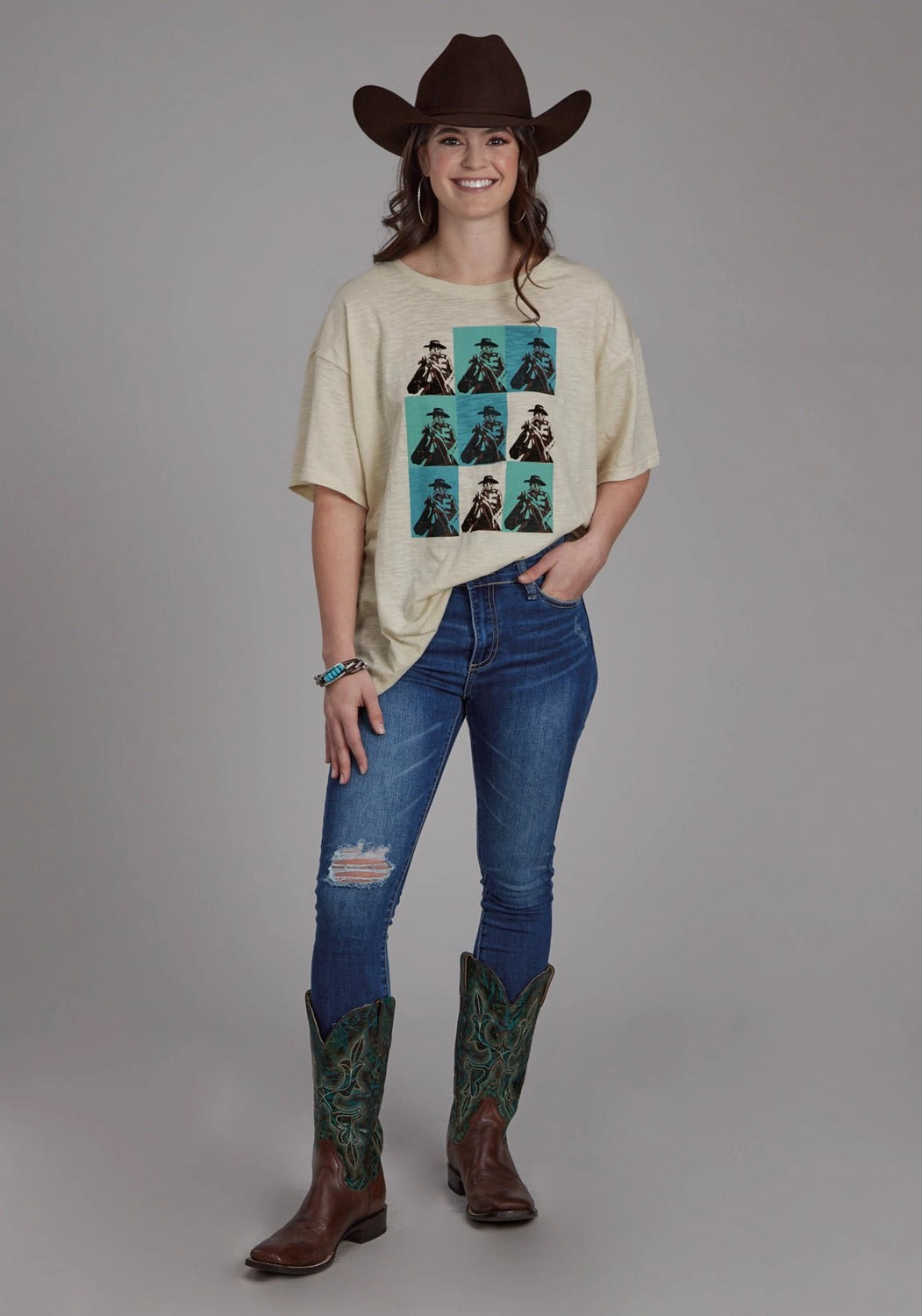 Roper Womens Cowboy Panels Cream 100% Cotton S/S T-Shirt Tuckable Hem