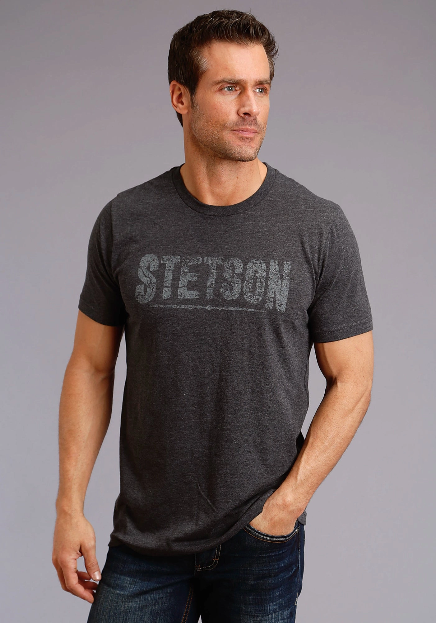 Stetson Unisex Heather Grey 100% Cotton Cream Logo S/S T-Shirt Party outfit