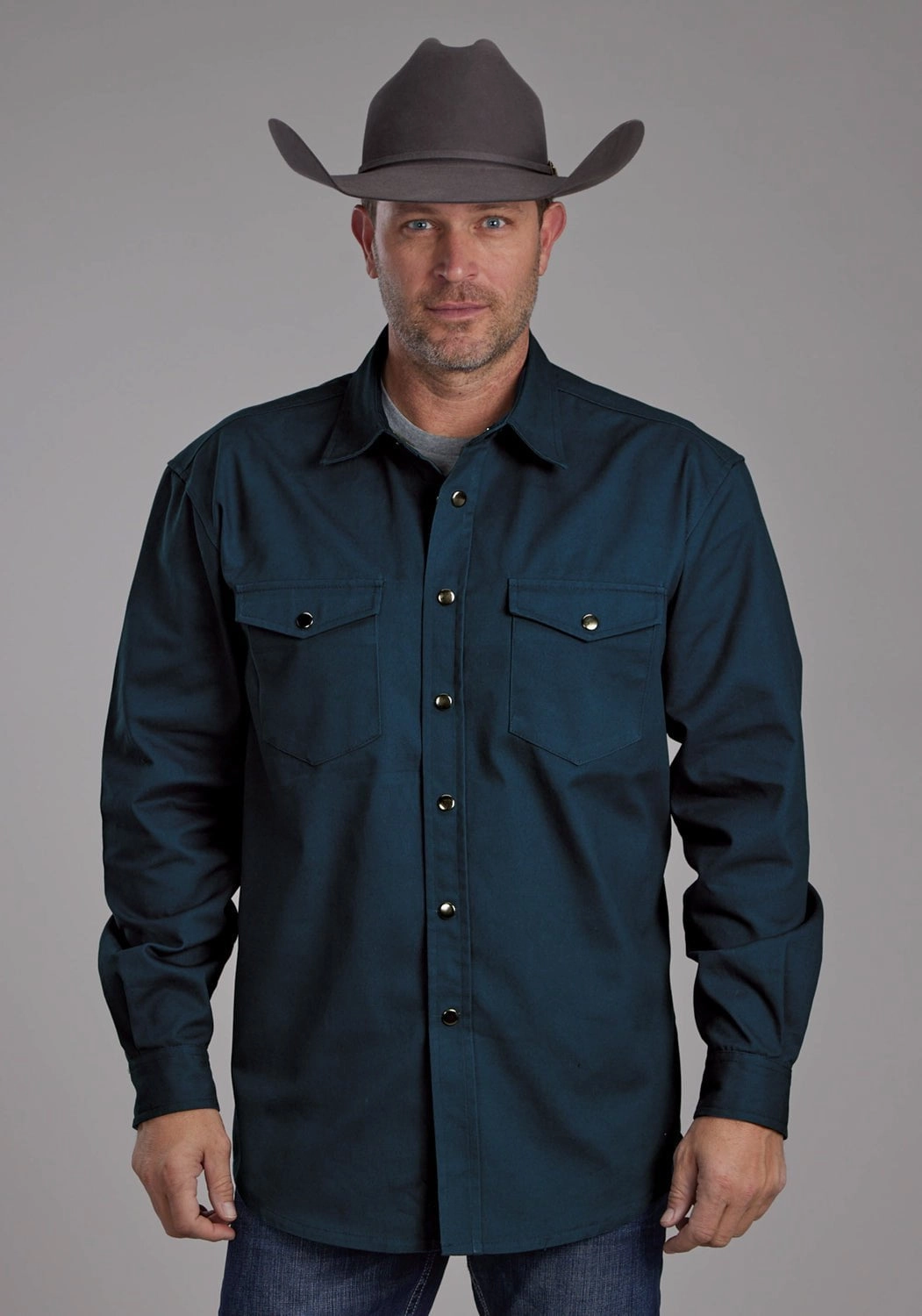 Roper Mens Brushed Twill Teal 100% Cotton L/S Shirt Active Wear Performance Fabric