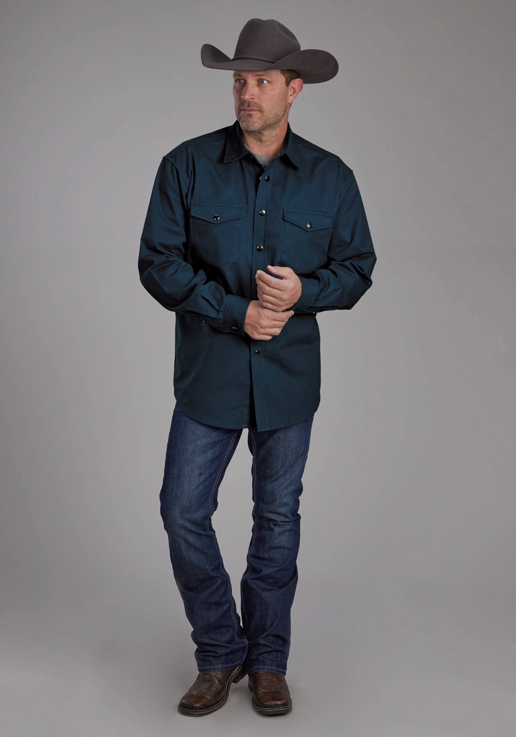 Breathable Underarm Vents Vibrant Hue Roper Mens Brushed Twill Teal 100% Cotton L/S Shirt