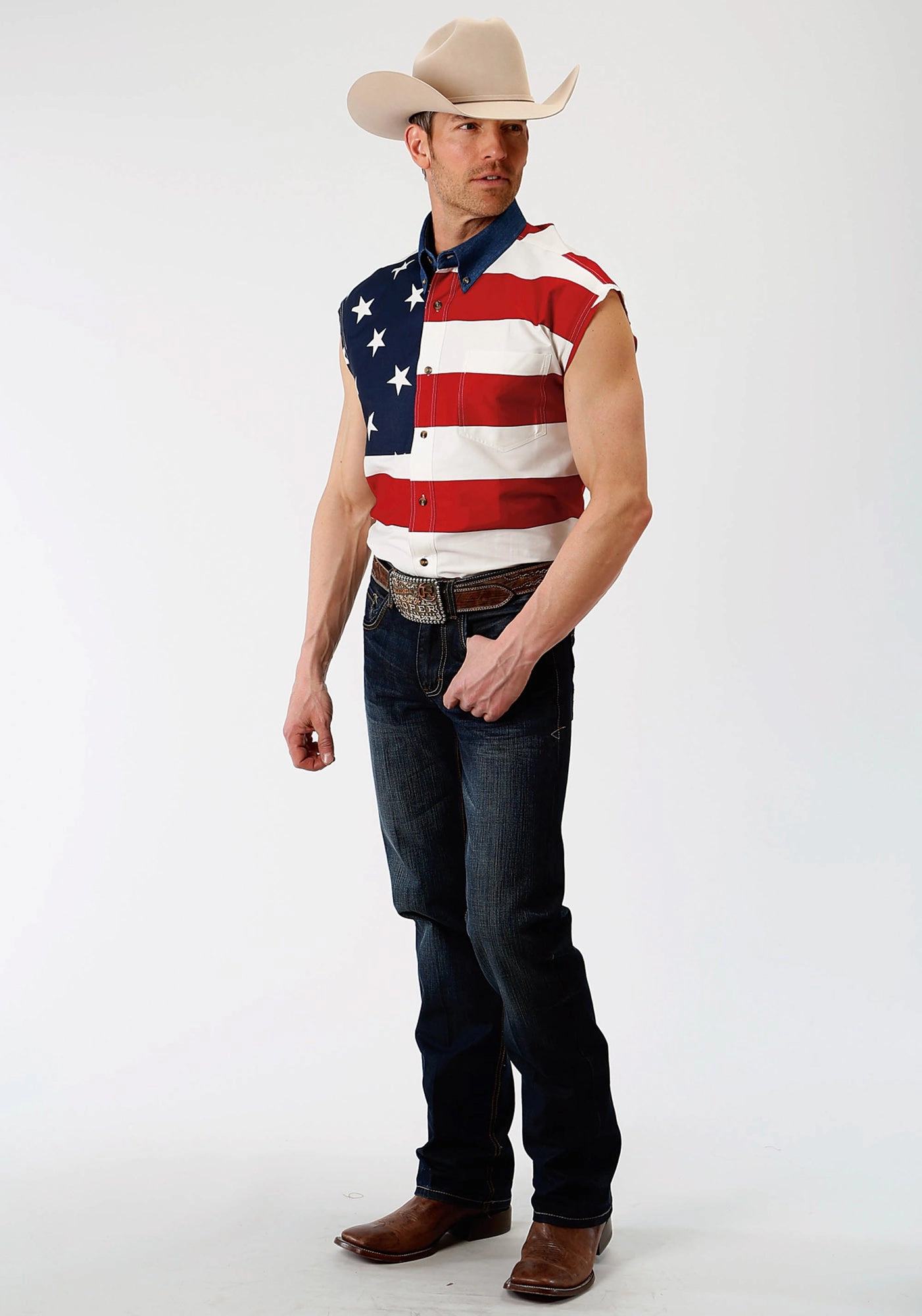 Must-Have Item Micro Perforated Texture Roper Mens Multi-Color 100% Cotton American Flag BD S/L Patriotic Shirt