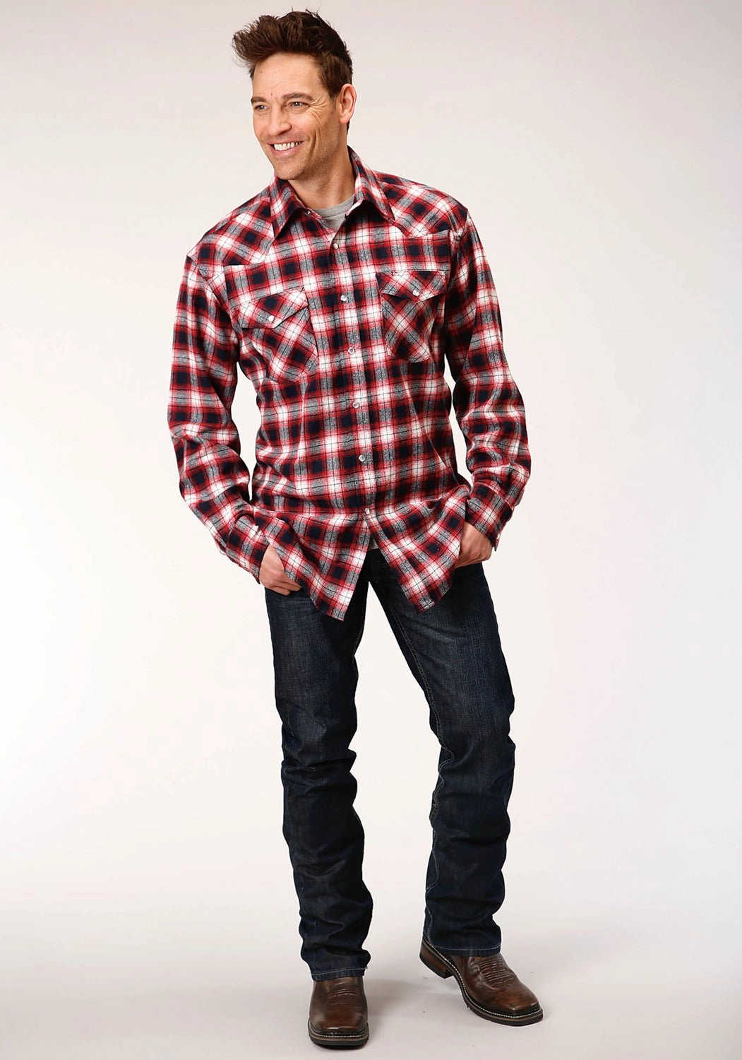 Roper Mens Red/White 100% Cotton Unlined Flannel Plaid L/S Shirt All-Ages Fit