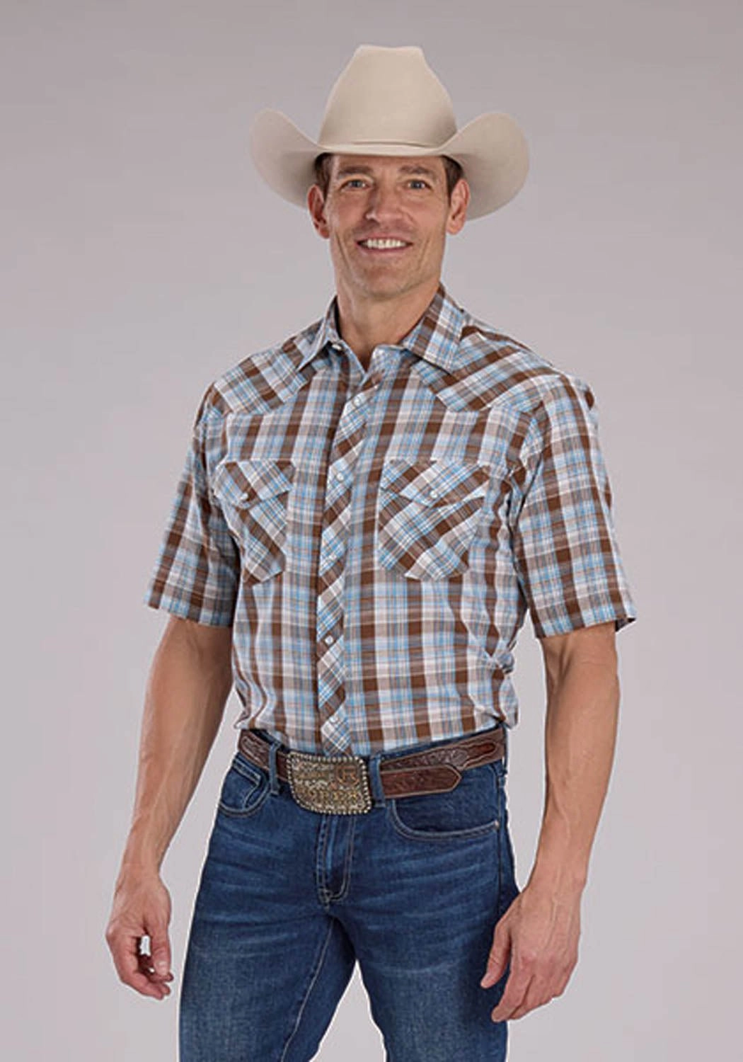 Roper Mens 2483 Western Plaid Cocoa/Sky Blue Cotton Blend S/S Shirt Plus Size