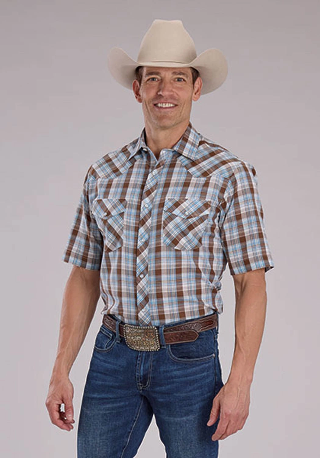 Roper Mens 2483 Western Plaid Cocoa/Sky Blue Cotton Blend S/S Shirt Smooth Finish