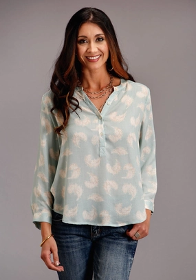 Stetson Womens Aqua Rayon/Nylon Feathers S/S Blouse First Date