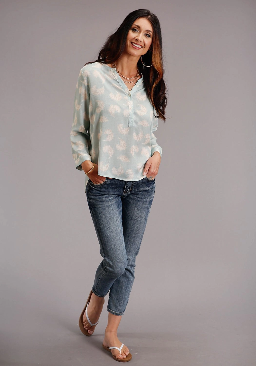 Stetson Womens Aqua Rayon/Nylon Feathers S/S Blouse Eco Dye Technique